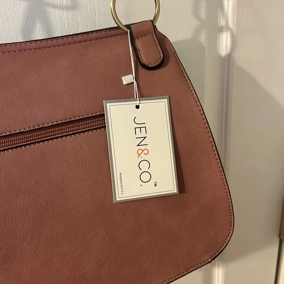 Jen & Co Boho Studded Tassel Crossbody Bag Mauve Vegan Leather Guitar Strap NWT - Picture 6 of 9